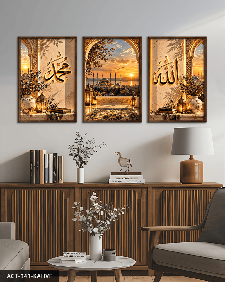 Allah Muhammed Yazılı Camii 3 Parça Ahşap Çerçeveli Tablo ACT Kahverengi - 30 x 40 CM