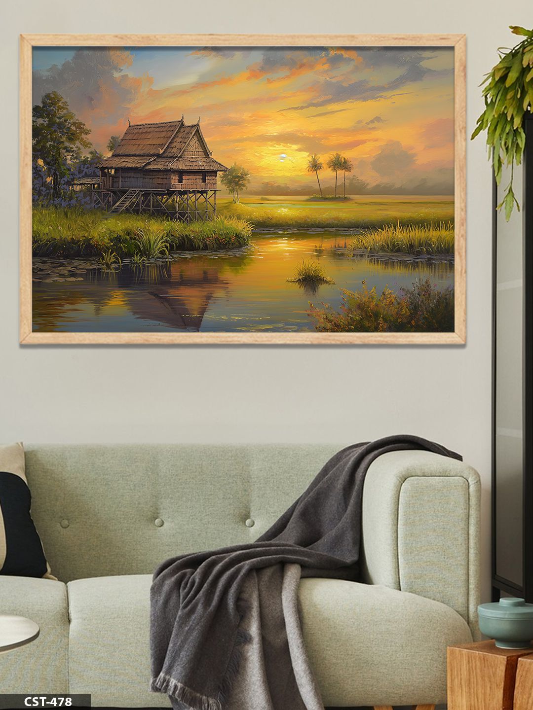 Günbatımında Köy Evi Tek Parça Ahşap Çerçeveli Tablo Naturel - 50 x 70 CM
