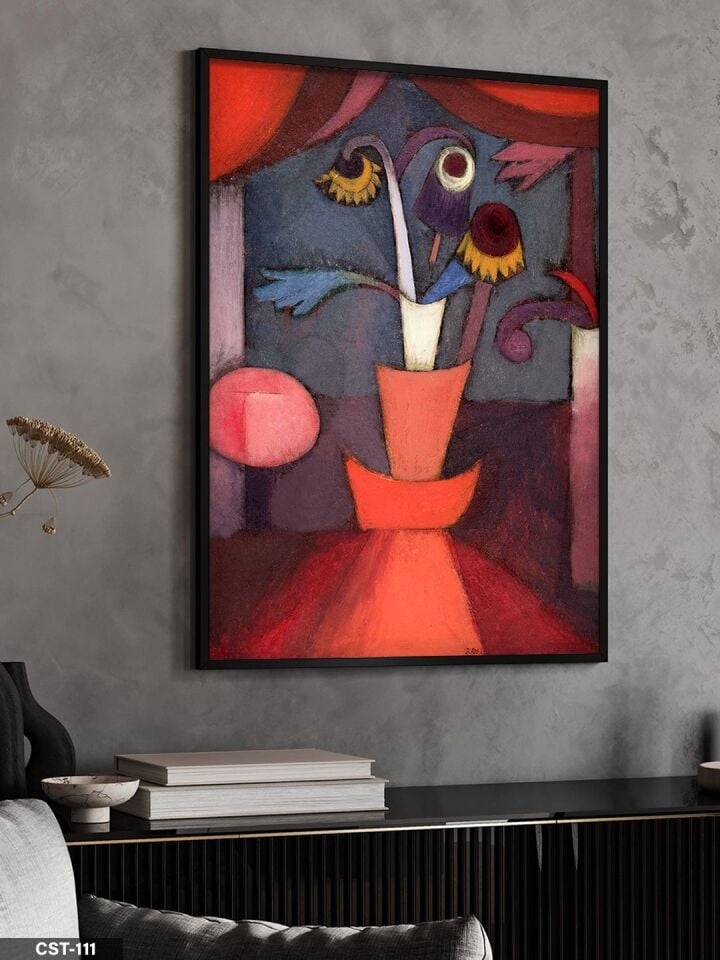 Kırmızı Perdeler Altında Çiçekler Sürreal Tek Parça Ahşap Çerçeveli Tablo Siyah - 50 x 70 CM