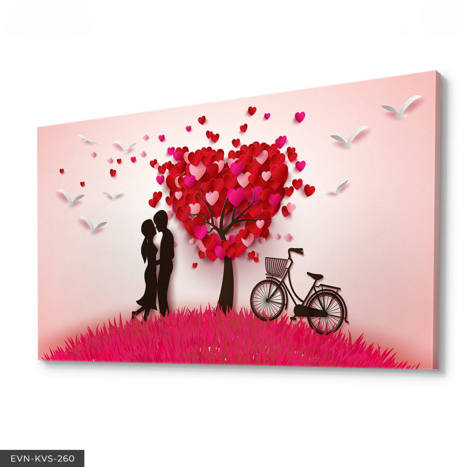 Aşk Temalı Kalpli Ağaç Tek Parça Kanvas Canvas Tablo