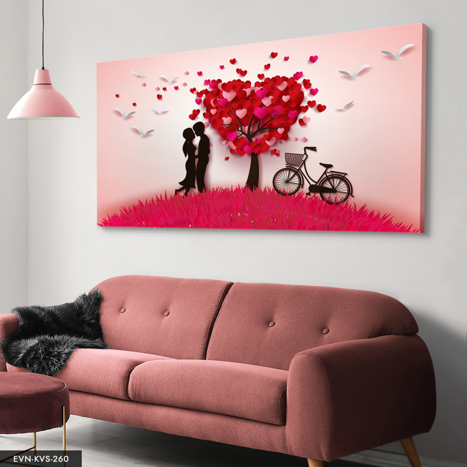Aşk Temalı Kalpli Ağaç Tek Parça Kanvas Canvas Tablo