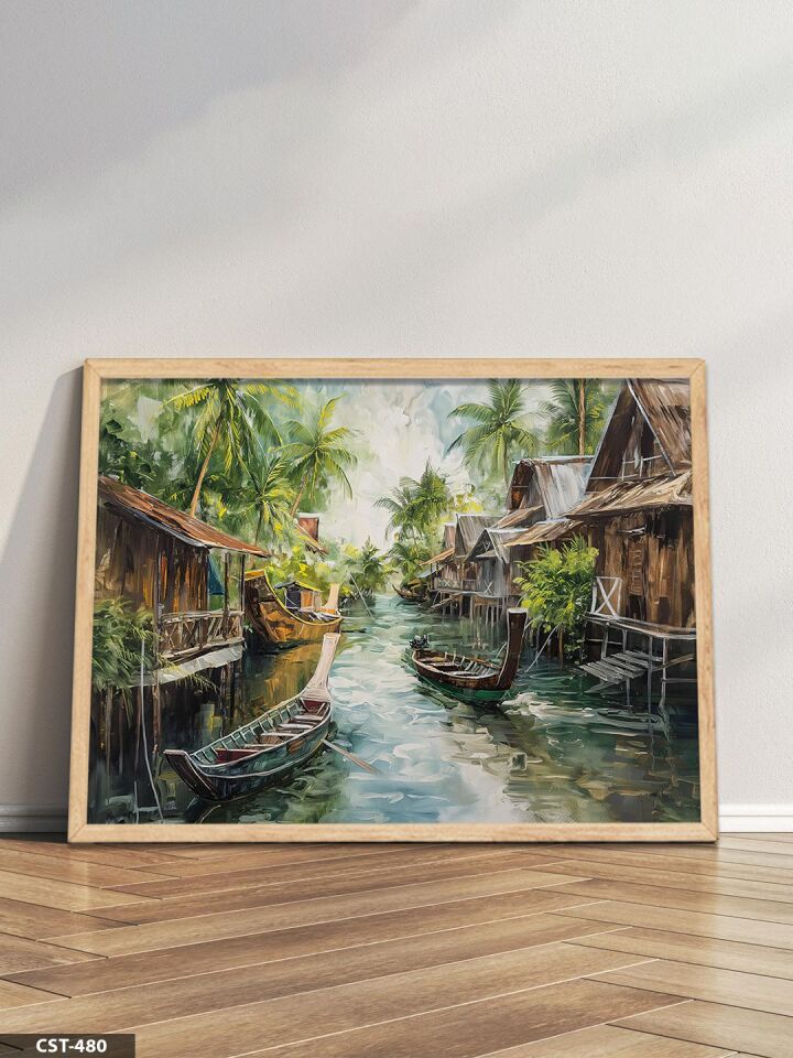 Kanaldaki Evler Tek Parça Ahşap Çerçeveli Tablo Naturel - 50 x 70 CM