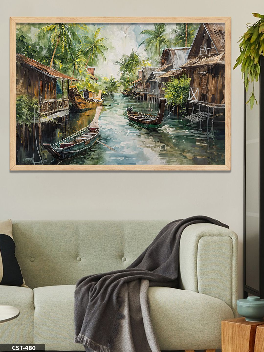 Kanaldaki Evler Tek Parça Ahşap Çerçeveli Tablo Naturel - 50 x 70 CM