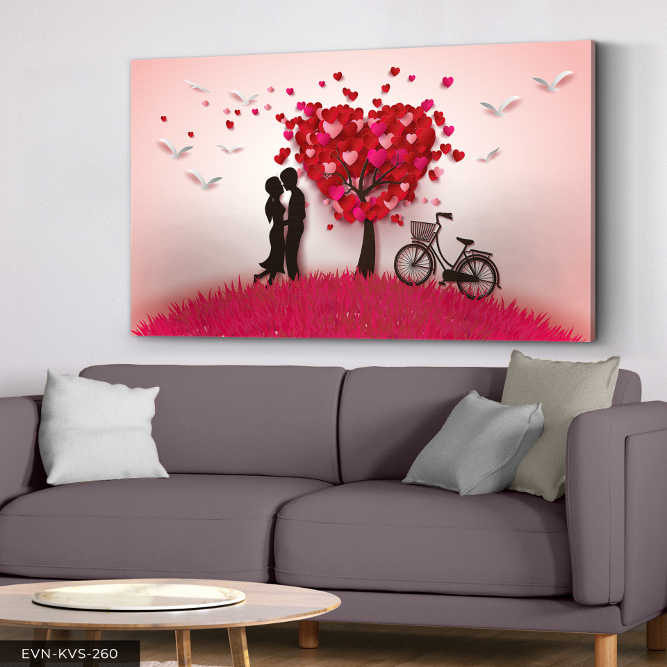 Aşk Temalı Kalpli Ağaç Tek Parça Kanvas Canvas Tablo