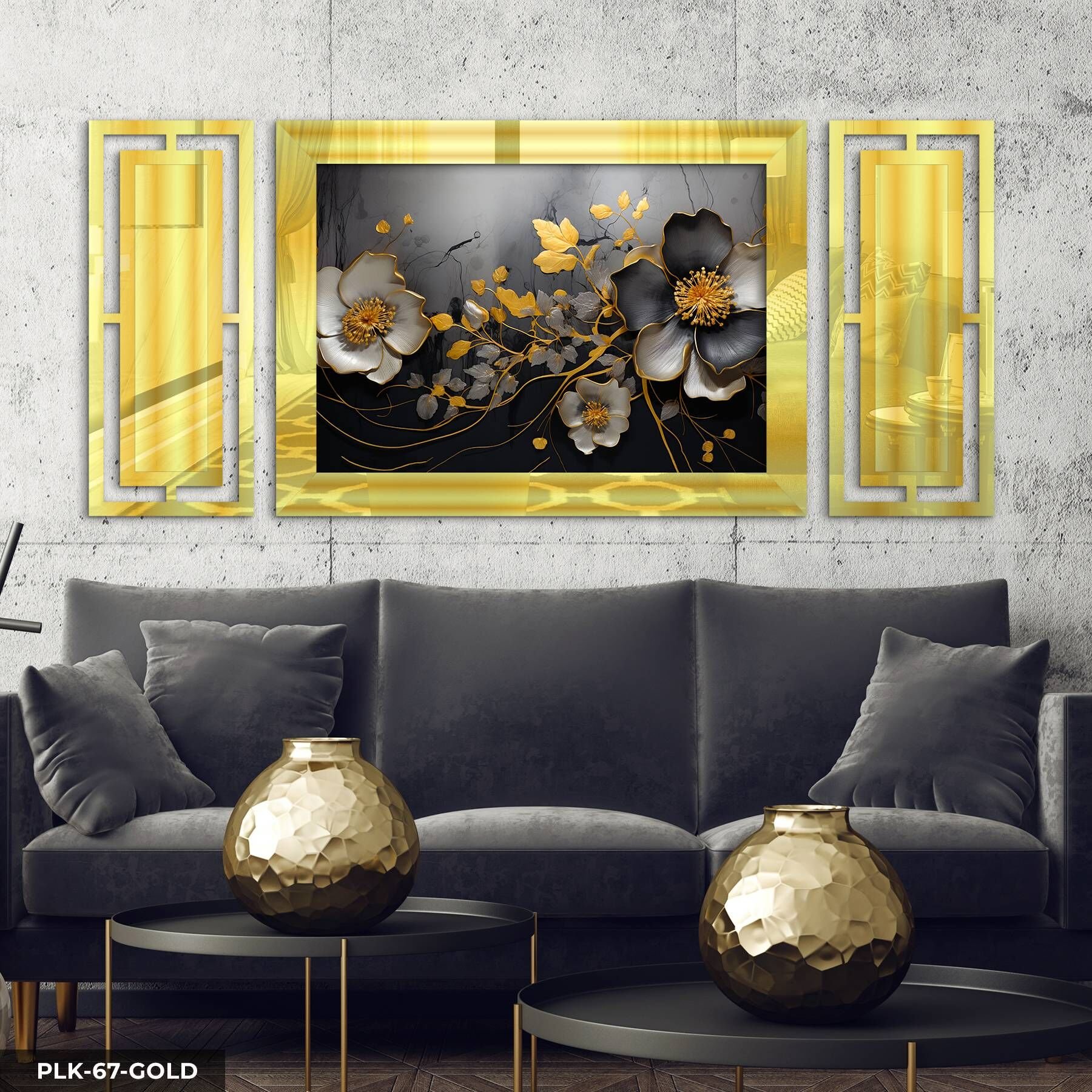 Gold Gümüş Yapraklı Beyaz Çiçek Yan Dekorlu 3 Parça Pleksi Tablo DKRPLK 130 x 25 CM - Gold