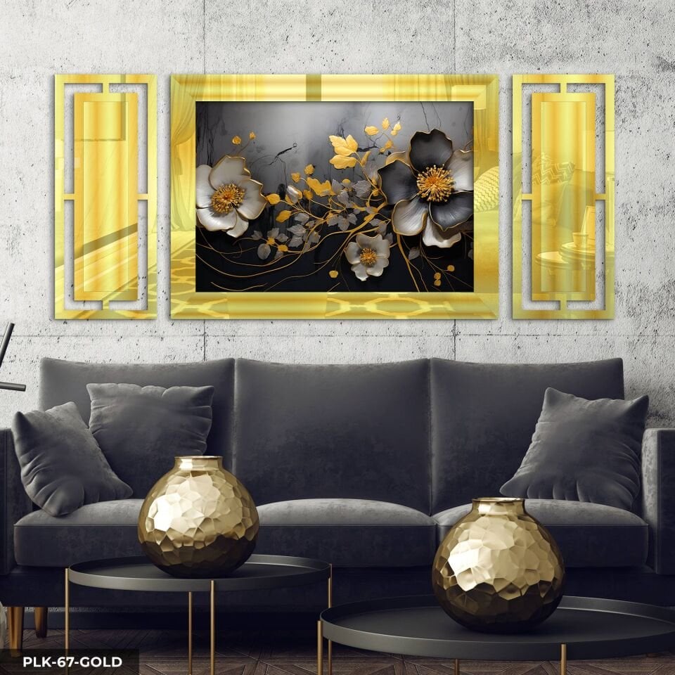 Gold Gümüş Yapraklı Beyaz Çiçek Yan Dekorlu 3 Parça Pleksi Tablo DKRPLK 130 x 25 CM - Gold