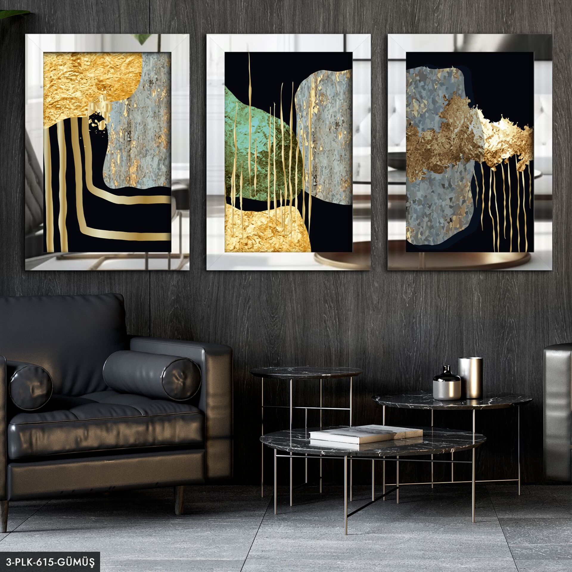 Soyut 3 Parça Pleksi Aynalı Tablo 50 x 70 CM - Gümüş