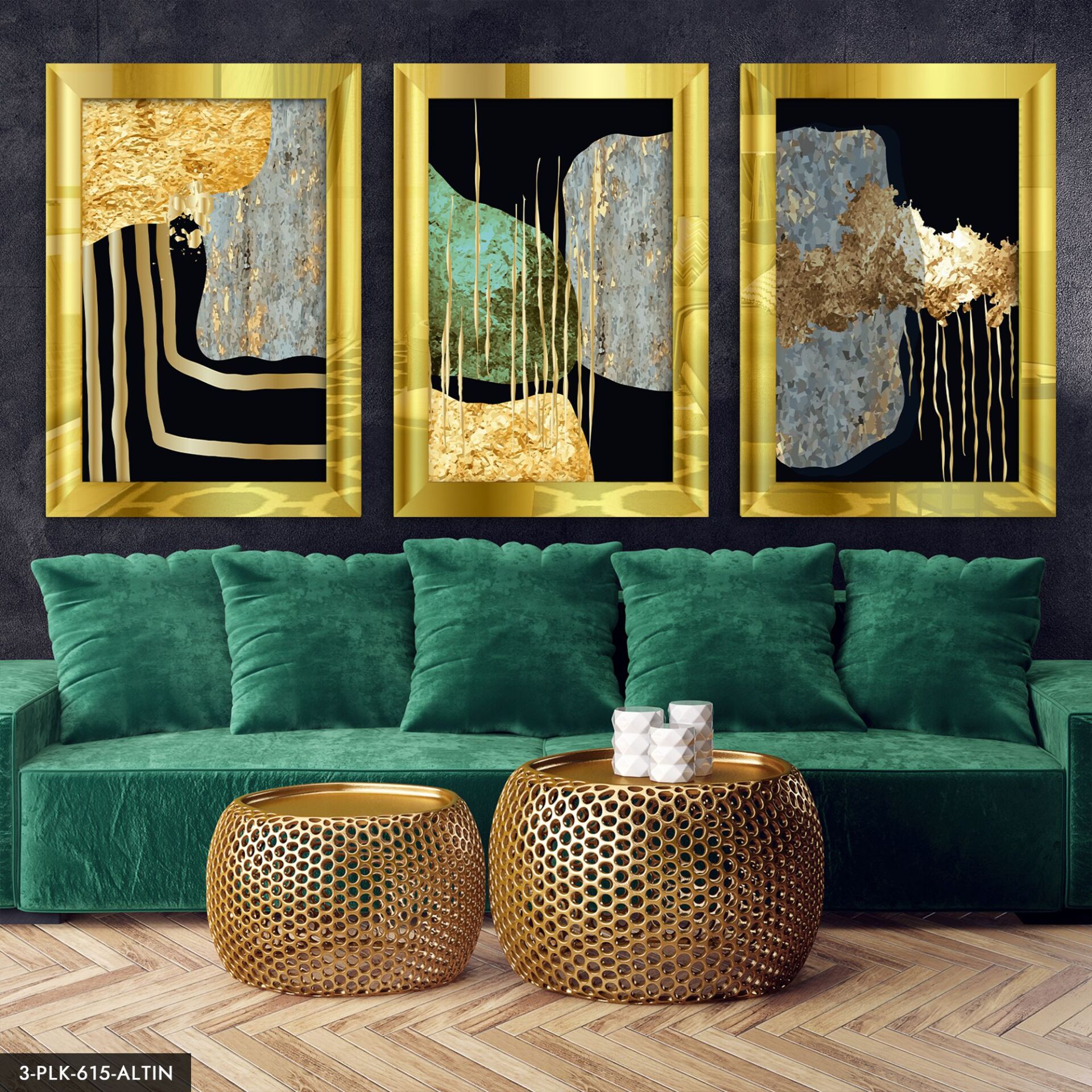 Soyut 3 Parça Pleksi Aynalı Tablo 50 x 70 CM - Gold