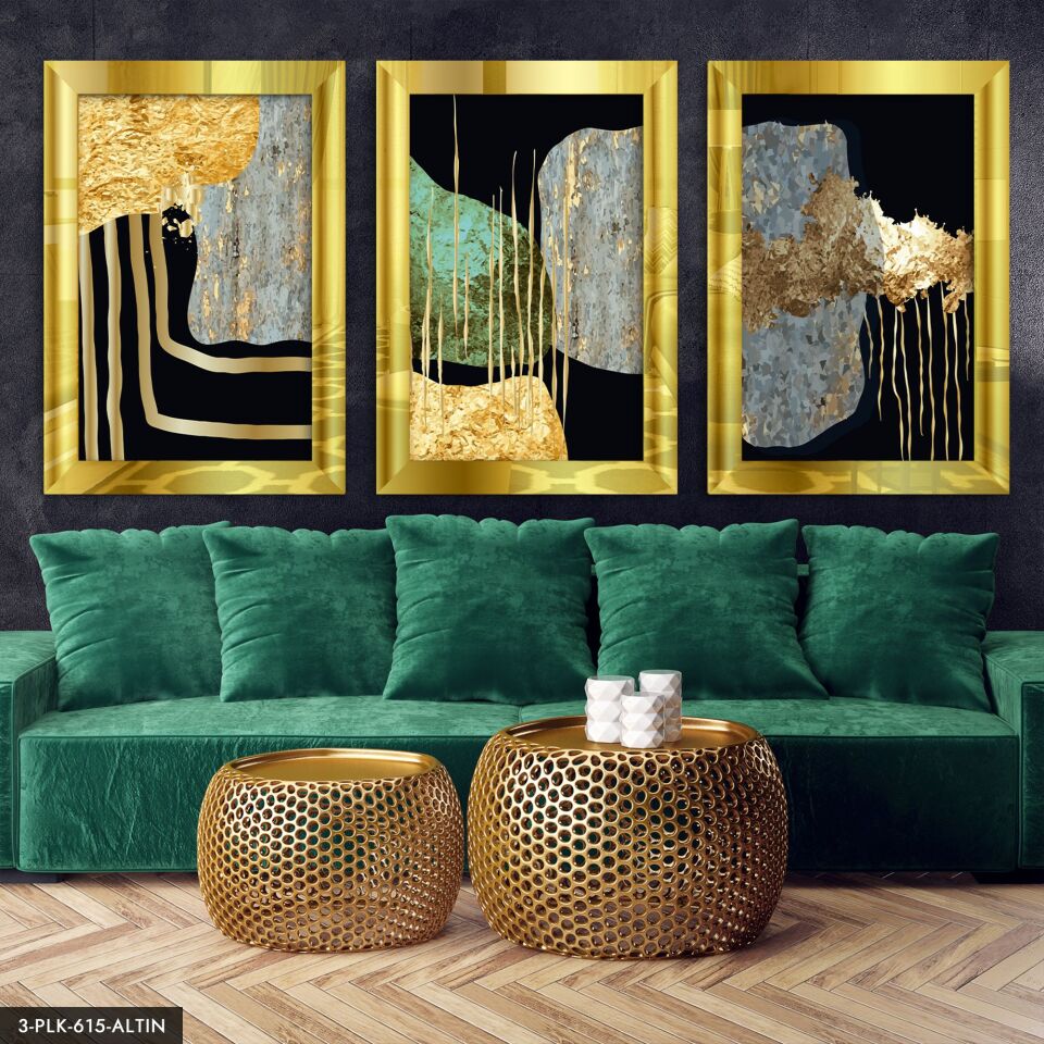 Soyut 3 Parça Pleksi Aynalı Tablo 50 x 70 CM - Gold