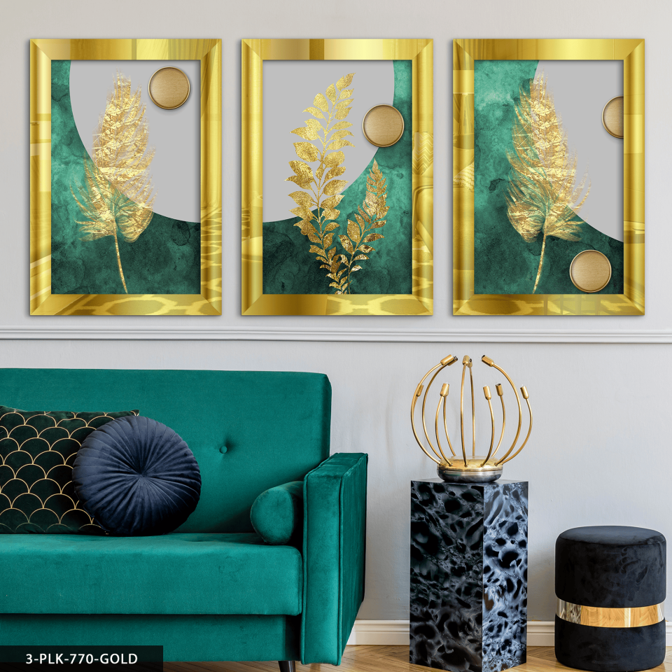 Gold Yaprak ve Daireler 3 Parça Pleksi Aynalı Tablo 60 x 80 CM - Gold