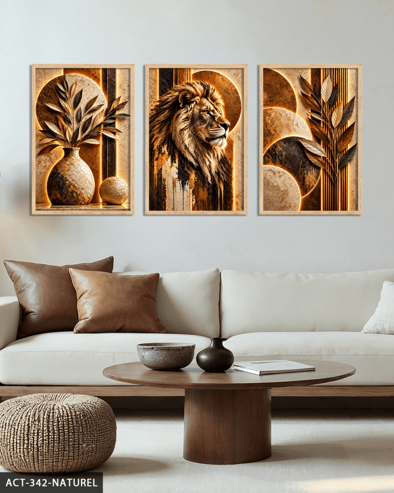 Boho Tarzda Bitki Aslan 3 Parça Ahşap Çerçeveli Tablo ACT Naturel - 30 x 40 CM