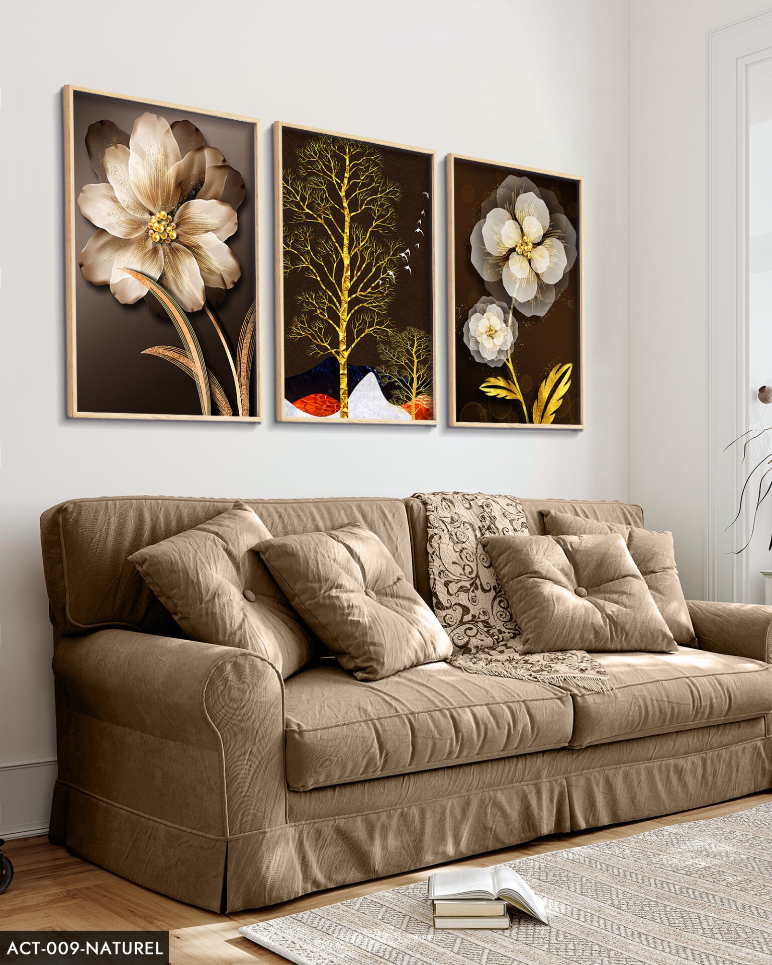 Çiçek Ağaç 3 Parça Ahşap Çerçeveli Tablo ACT Siyah - 30 x 40 CM