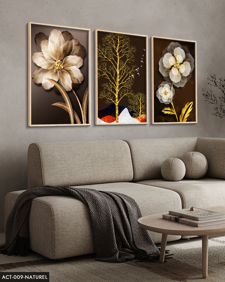 Çiçek Ağaç 3 Parça Ahşap Çerçeveli Tablo ACT Siyah - 30 x 40 CM