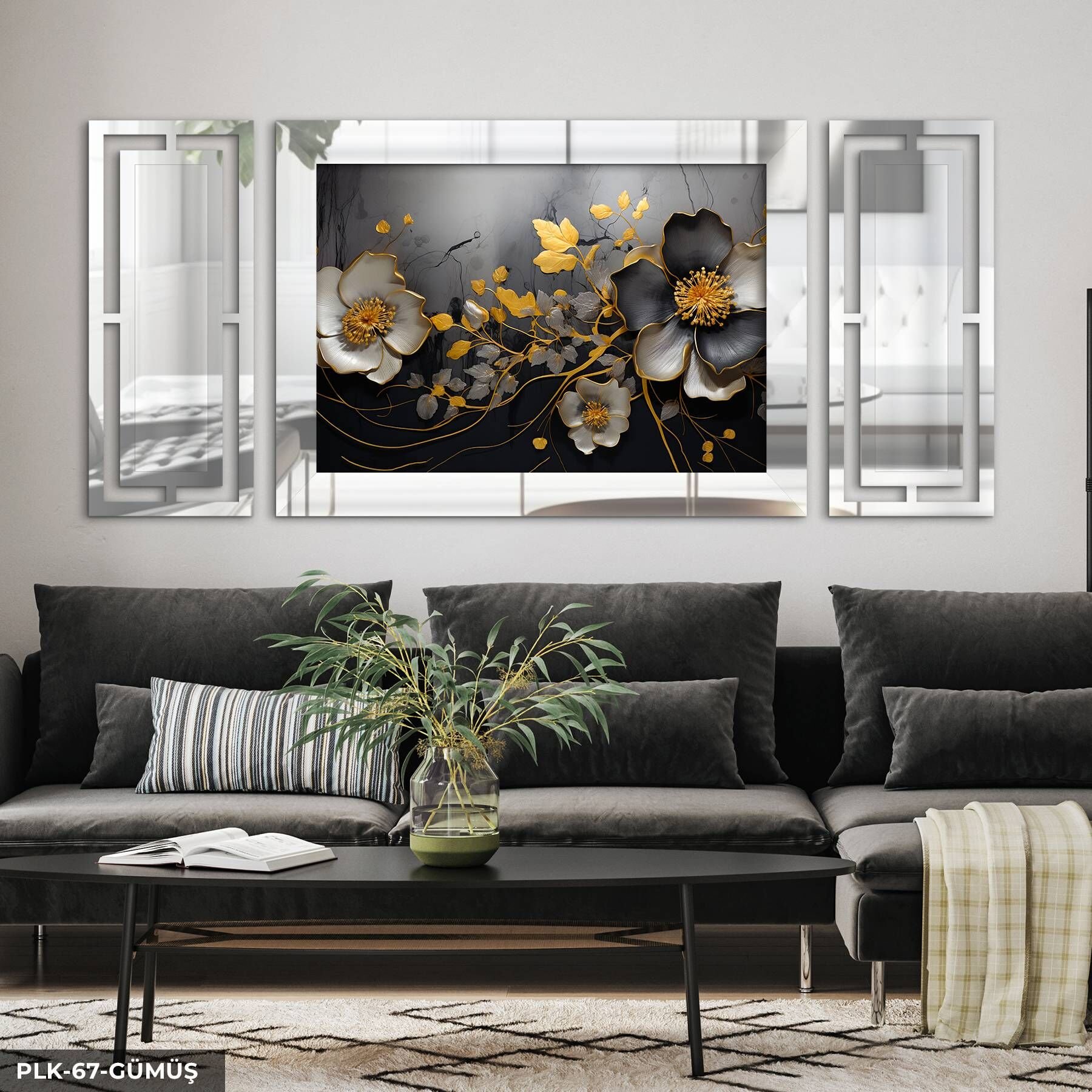 Gold Gümüş Yapraklı Beyaz Çiçek Yan Dekorlu 3 Parça Pleksi Tablo DKRPLK 130 x 25 CM - Gümüş