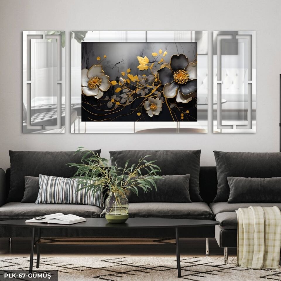 Gold Gümüş Yapraklı Beyaz Çiçek Yan Dekorlu 3 Parça Pleksi Tablo DKRPLK 130 x 25 CM - Gümüş