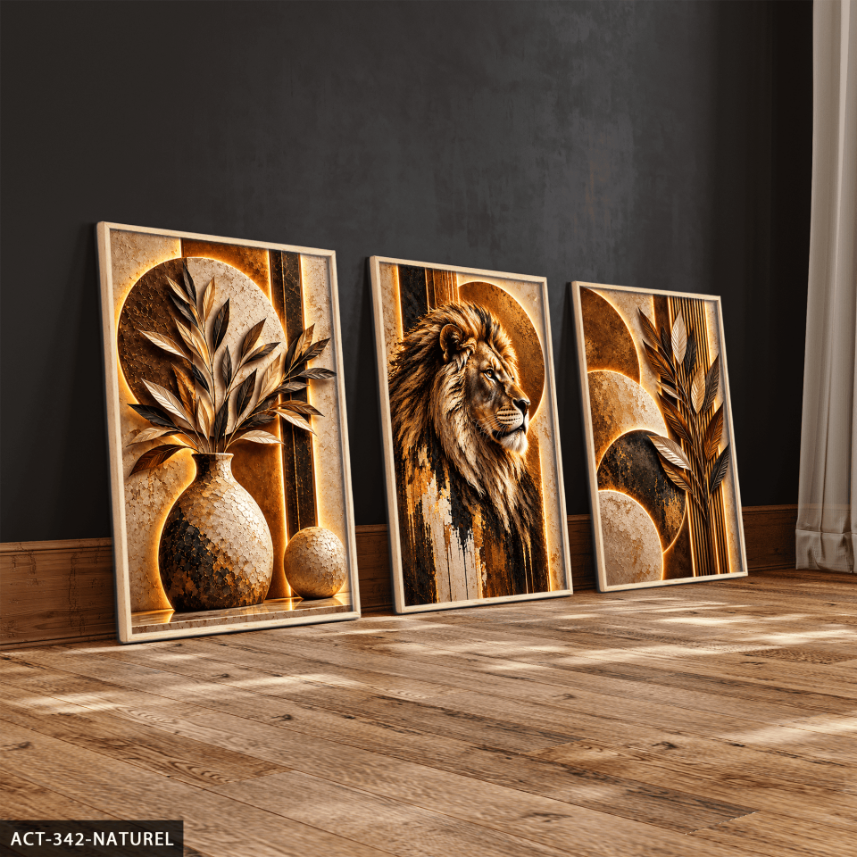 Boho Tarzda Bitki Aslan 3 Parça Ahşap Çerçeveli Tablo ACT Naturel - 40 x 60 CM