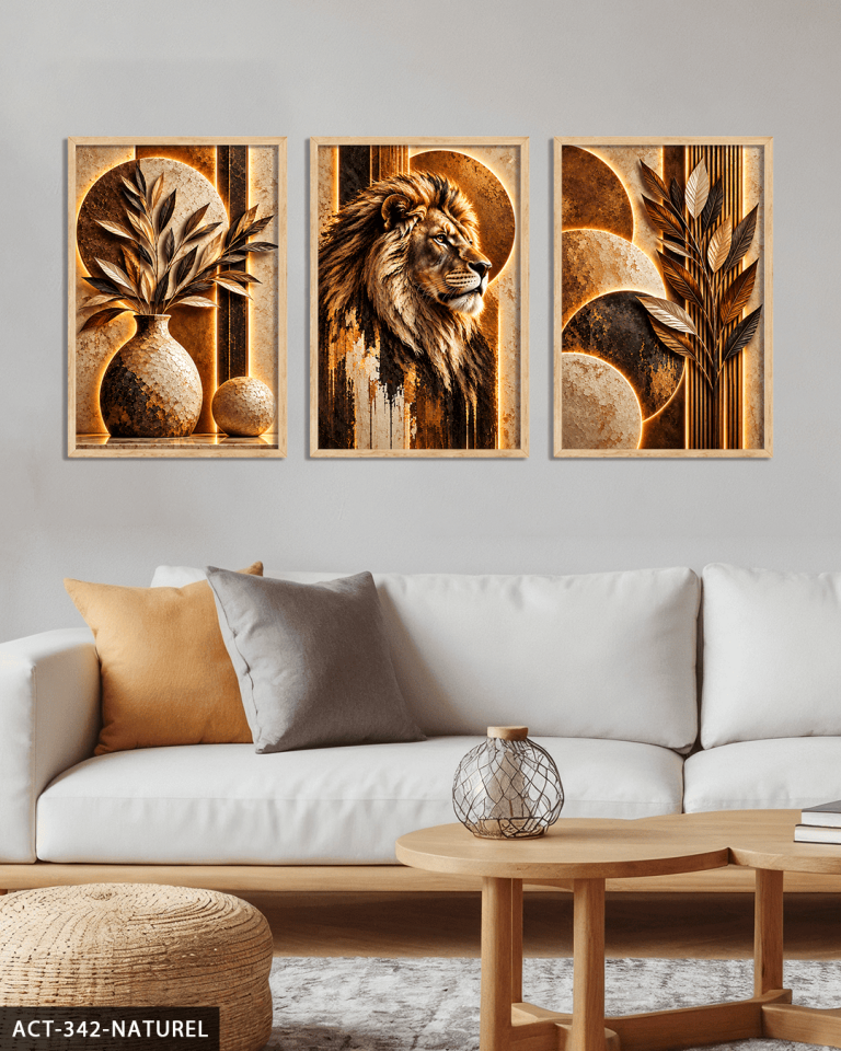 Boho Tarzda Bitki Aslan 3 Parça Ahşap Çerçeveli Tablo ACT Naturel - 40 x 60 CM