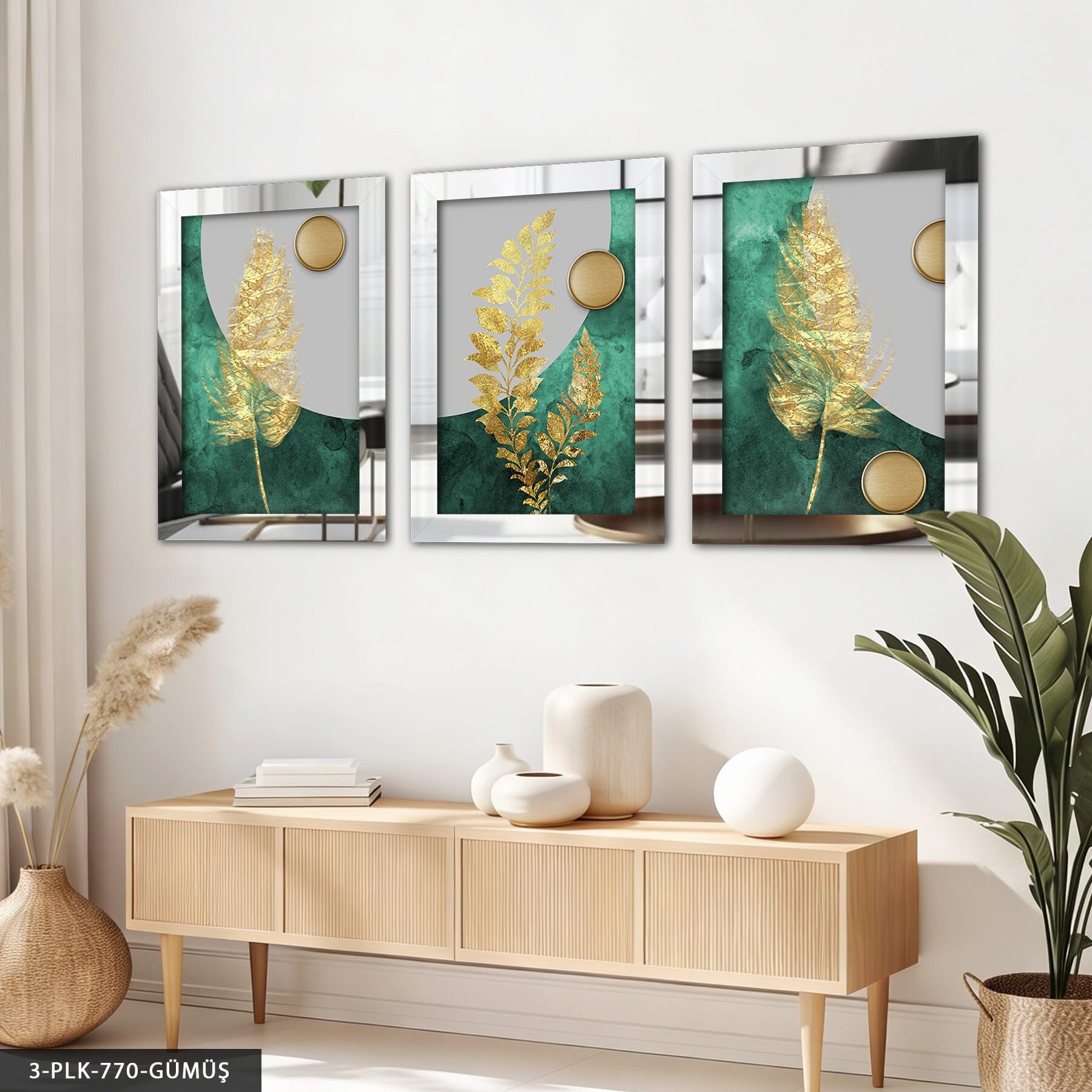 Gold Yaprak ve Daireler 3 Parça Pleksi Aynalı Tablo Gümüş - 20 x 30 CM
