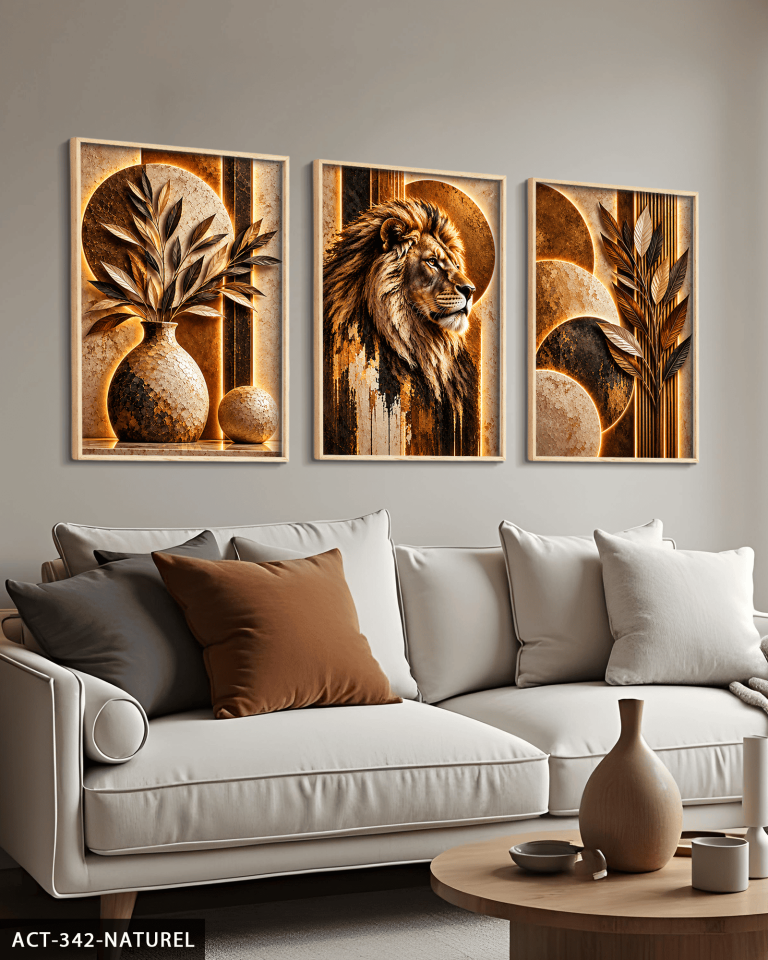 Boho Tarzda Bitki Aslan 3 Parça Ahşap Çerçeveli Tablo ACT Naturel - 50 x 70 CM