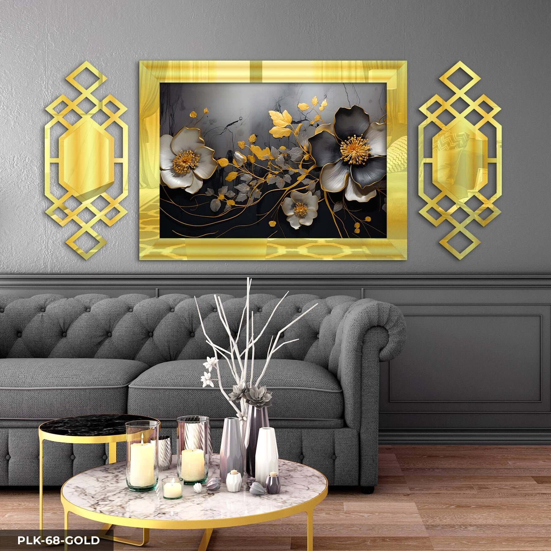 Gold Gümüş Yapraklı Beyaz Çiçek Yan Dekorlu 3 Parça Pleksi Tablo DKRPLK 130 x 25 CM - Gold
