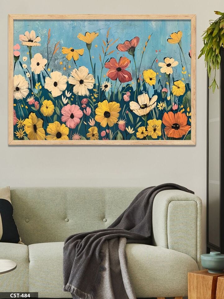 Çiçekler Tek Parça Ahşap Çerçeveli Tablo Naturel - 50 x 70 CM