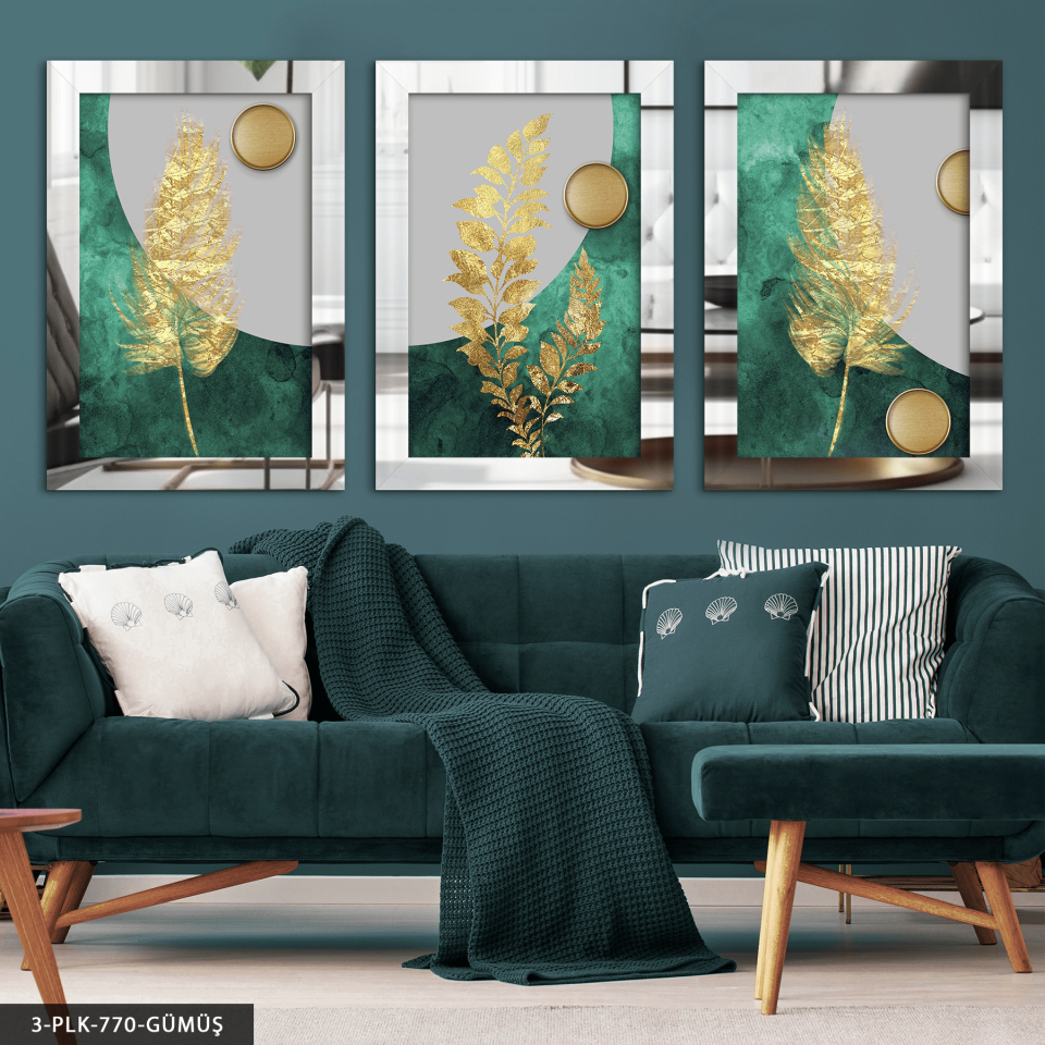 Gold Yaprak ve Daireler 3 Parça Pleksi Aynalı Tablo Gümüş - 30 x 40 CM