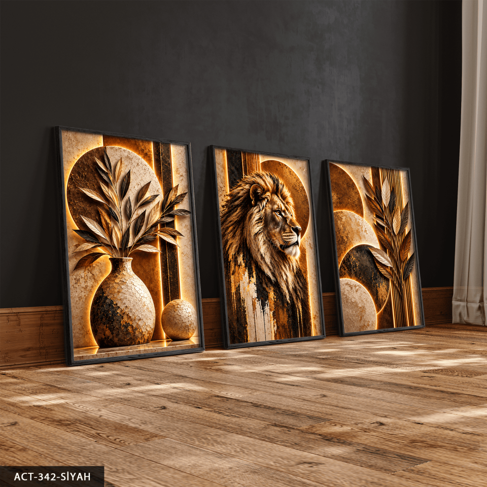 Boho Tarzda Bitki Aslan 3 Parça Ahşap Çerçeveli Tablo ACT Siyah - 30 x 40 CM