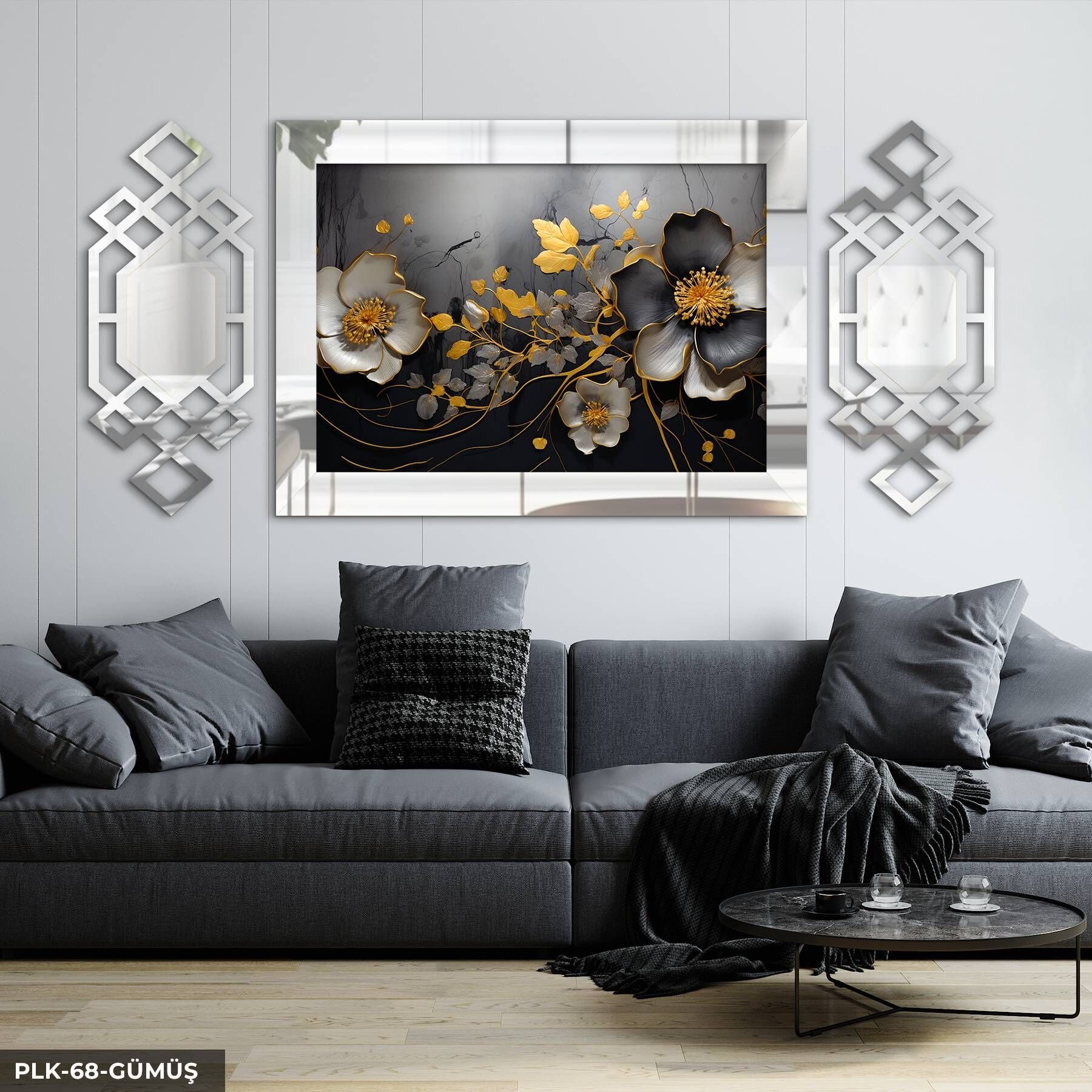 Gold Gümüş Yapraklı Beyaz Çiçek Yan Dekorlu 3 Parça Pleksi Tablo DKRPLK 130 x 25 CM - Gümüş