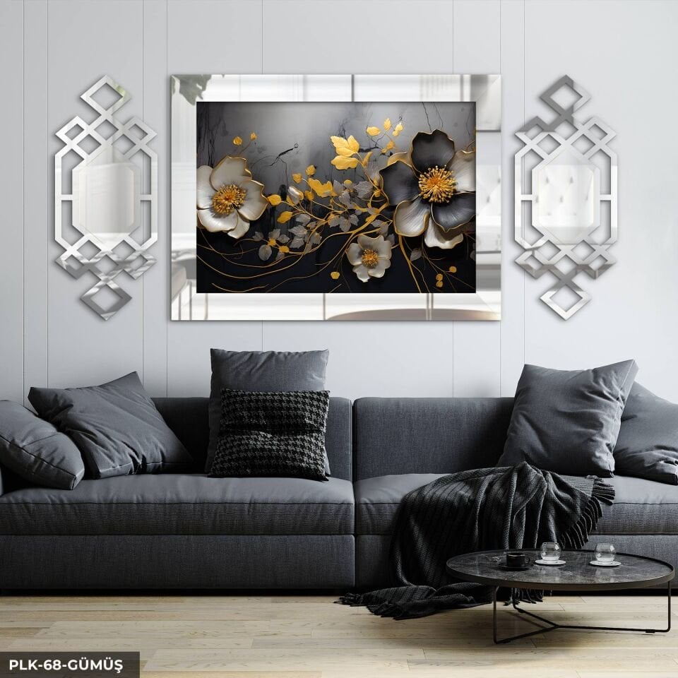 Gold Gümüş Yapraklı Beyaz Çiçek Yan Dekorlu 3 Parça Pleksi Tablo DKRPLK 130 x 25 CM - Gümüş