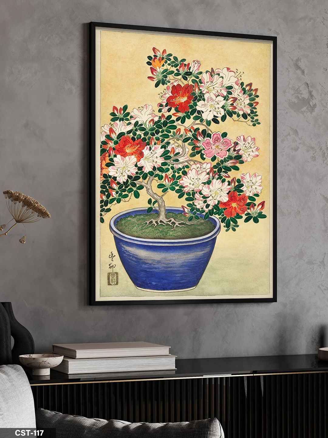 Saksıdaki Çiçek illüstrasyon Tek Parça Ahşap Çerçeveli Tablo Siyah - 50 x 70 CM
