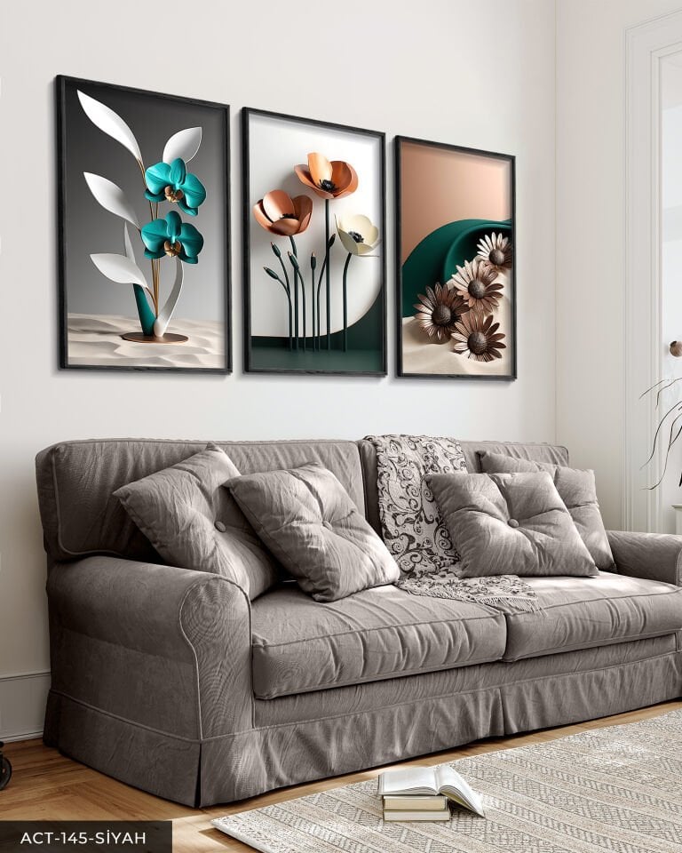 Zarif Mavi ve Pembe Çiçekler 3 Parça Ahşap Çerçeveli Tablo ACT