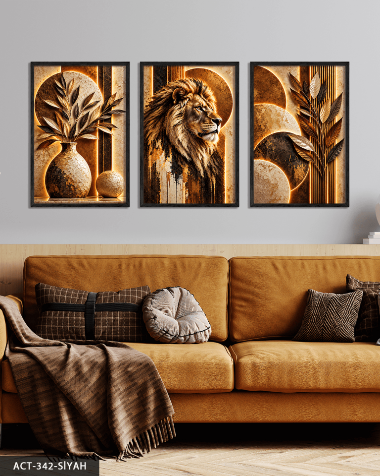 Boho Tarzda Bitki Aslan 3 Parça Ahşap Çerçeveli Tablo ACT Siyah - 40 x 60 CM