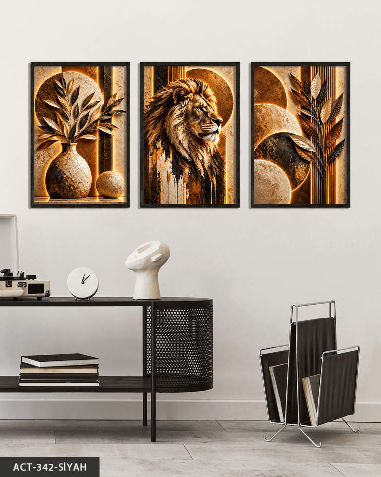 Boho Tarzda Bitki Aslan 3 Parça Ahşap Çerçeveli Tablo ACT Siyah - 40 x 60 CM