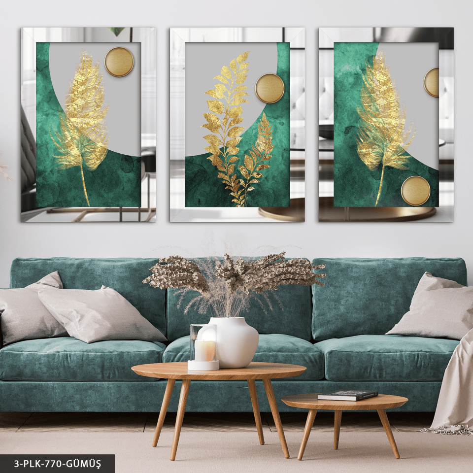 Gold Yaprak ve Daireler 3 Parça Pleksi Aynalı Tablo Gümüş - 50 x 70 CM