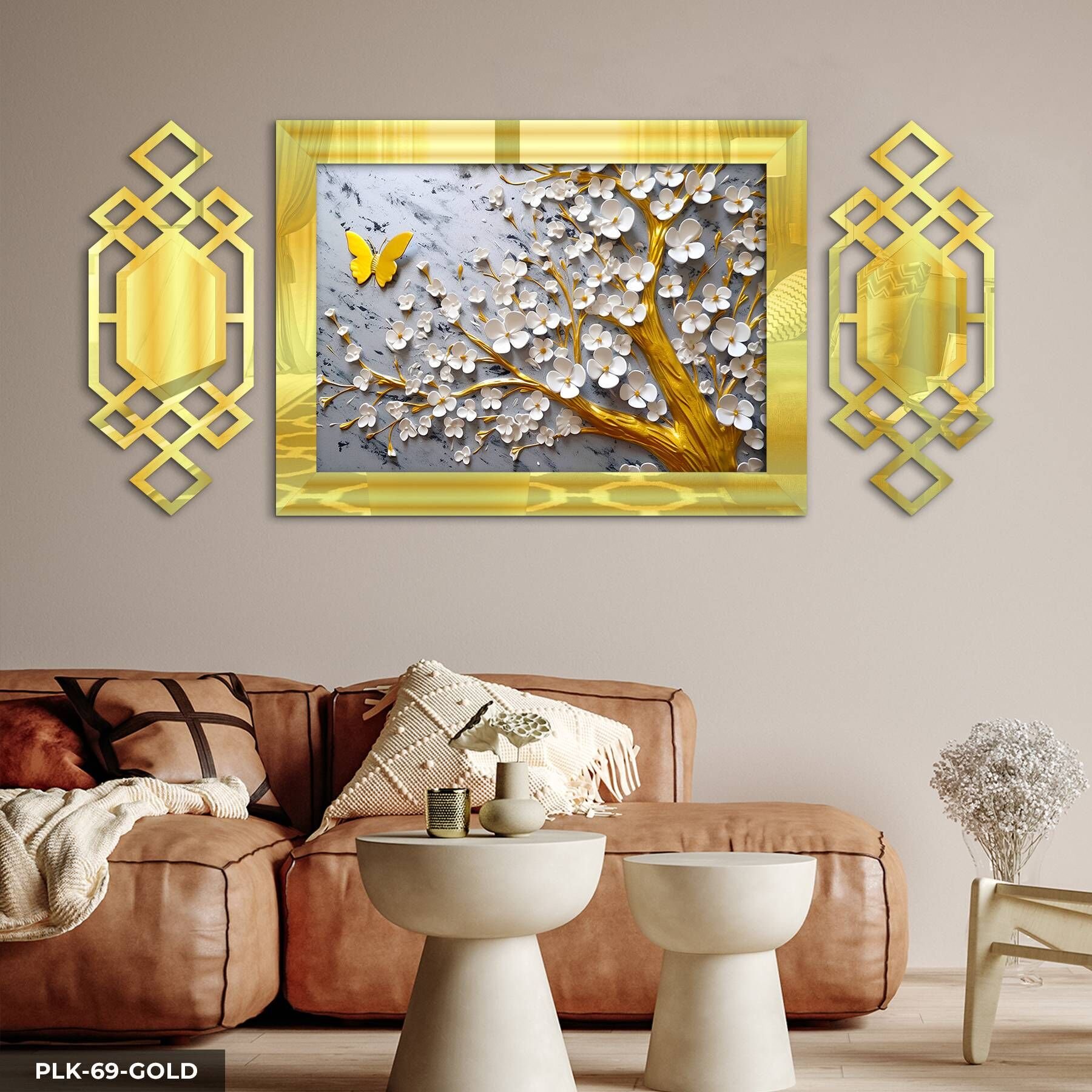 Gold Kelebek ve Beyaz Çiçekli Ağaç Yan Dekorlu 3 Parça Pleksi Tablo DKRPLK 130 x 25 CM - Gold
