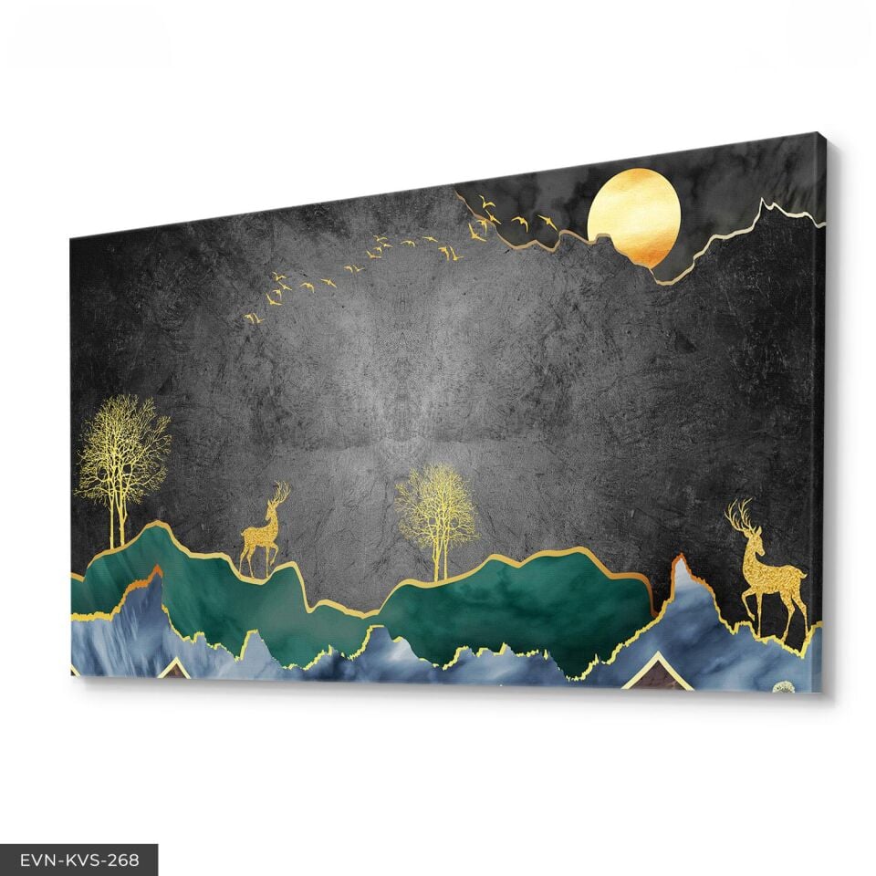 Gold Doğa Geyikler Tek Parça Kanvas Canvas Tablo 140 x 90 CM - Çok Renkli