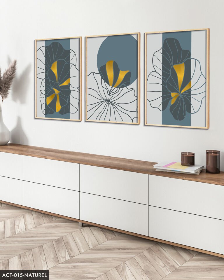 Çizim Çiçekler 3 Parça Ahşap Çerçeveli Tablo ACT Siyah - 30 x 40 CM