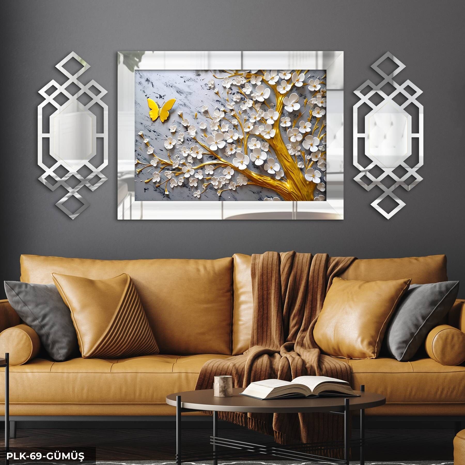 Gold Kelebek ve Beyaz Çiçekli Ağaç Yan Dekorlu 3 Parça Pleksi Tablo DKRPLK 130 x 25 CM - Gümüş