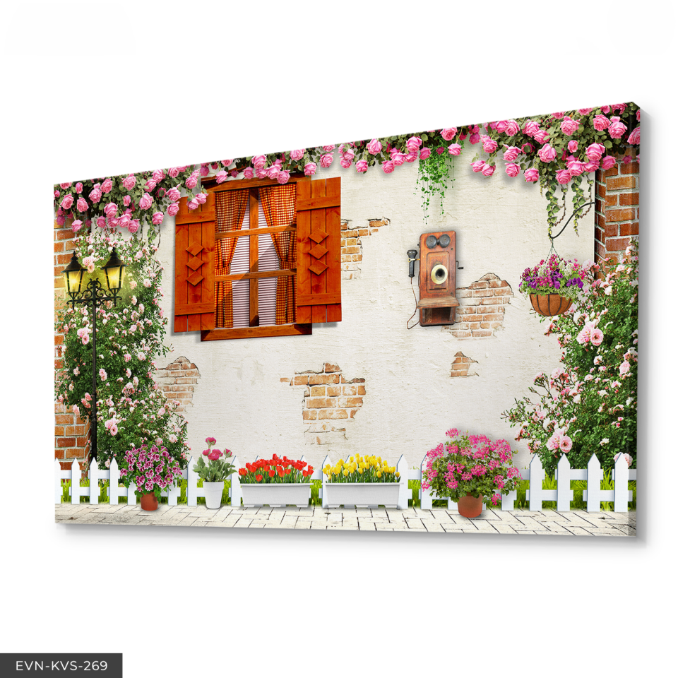 Çiçekli Sokak Tek Parça Kanvas Canvas Tablo 40 x 30 CM - Çok Renkli