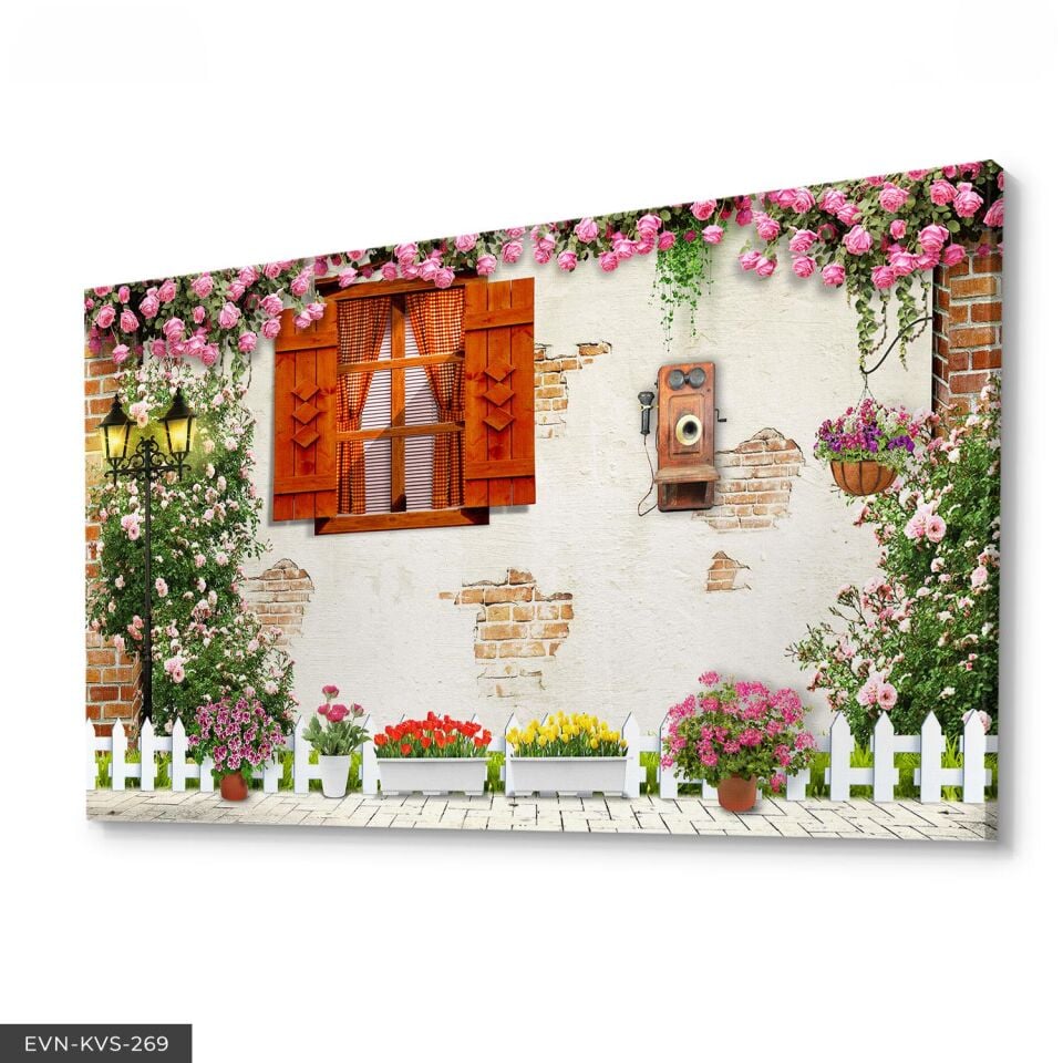 Çiçekli Sokak Tek Parça Kanvas Canvas Tablo 140 x 90 CM - Çok Renkli