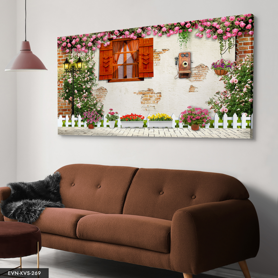 Çiçekli Sokak Tek Parça Kanvas Canvas Tablo 40 x 30 CM - Çok Renkli