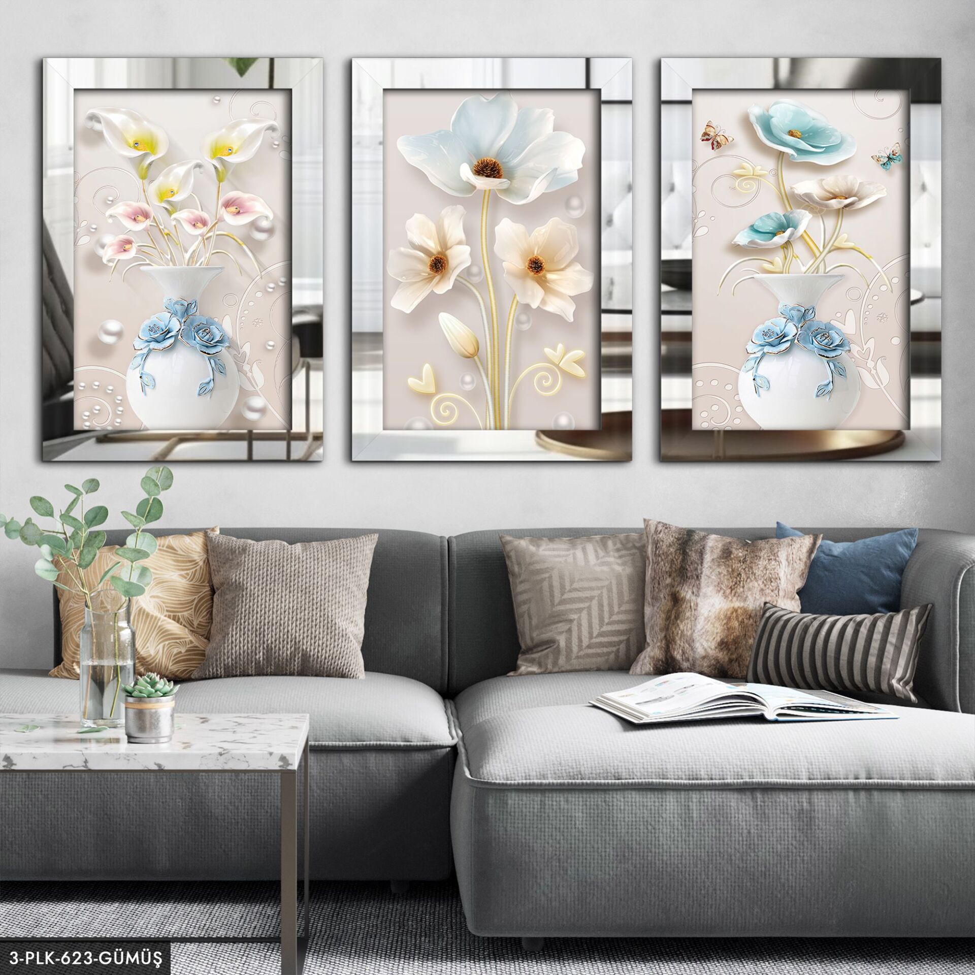 Mavi Çiçekler 3 Parça Pleksi Aynalı Tablo 50 x 70 CM - Gümüş