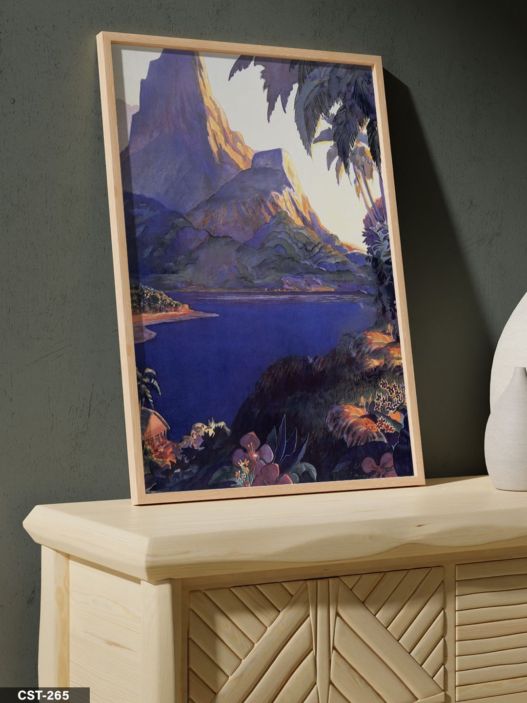 Palmiye Altında Günbatımı Tek Parça Ahşap Çerçeveli Tablo Naturel - 20 x 30 CM