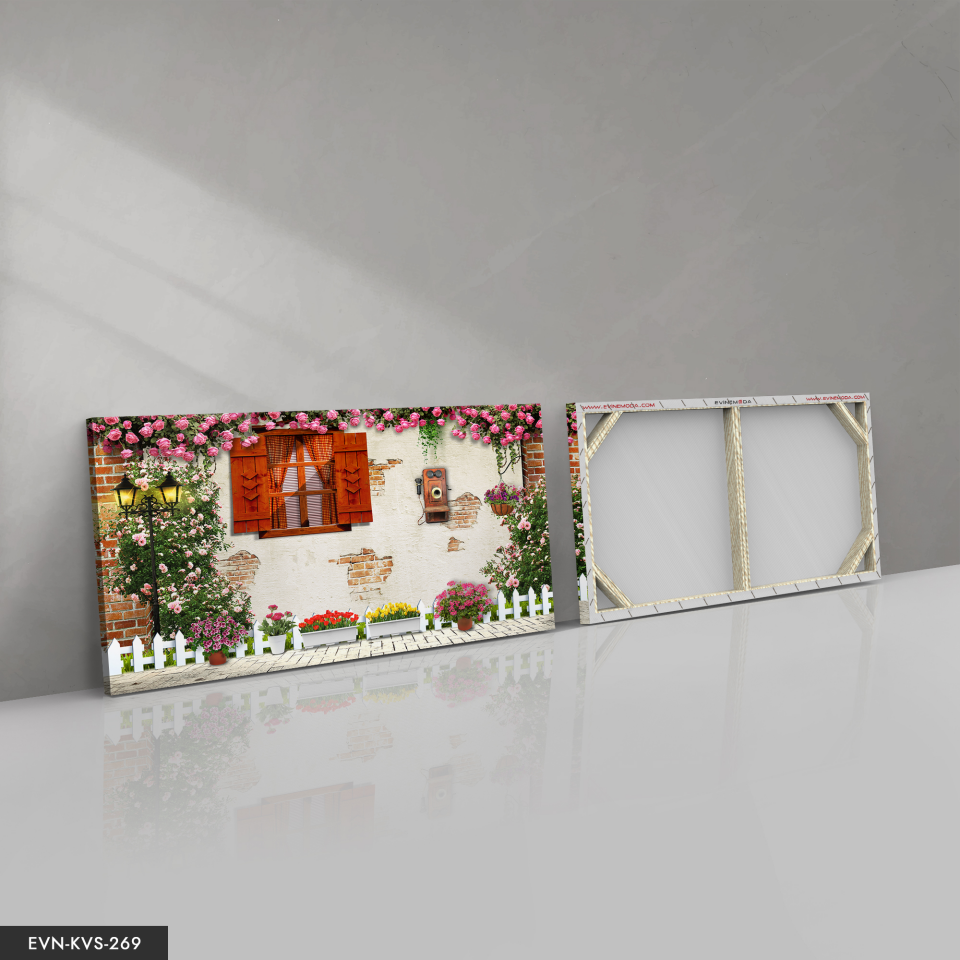 Çiçekli Sokak Tek Parça Kanvas Canvas Tablo 40 x 30 CM - Çok Renkli