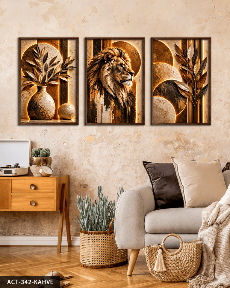 Boho Tarzda Bitki Aslan 3 Parça Ahşap Çerçeveli Tablo ACT Kahverengi - 40 x 60 CM