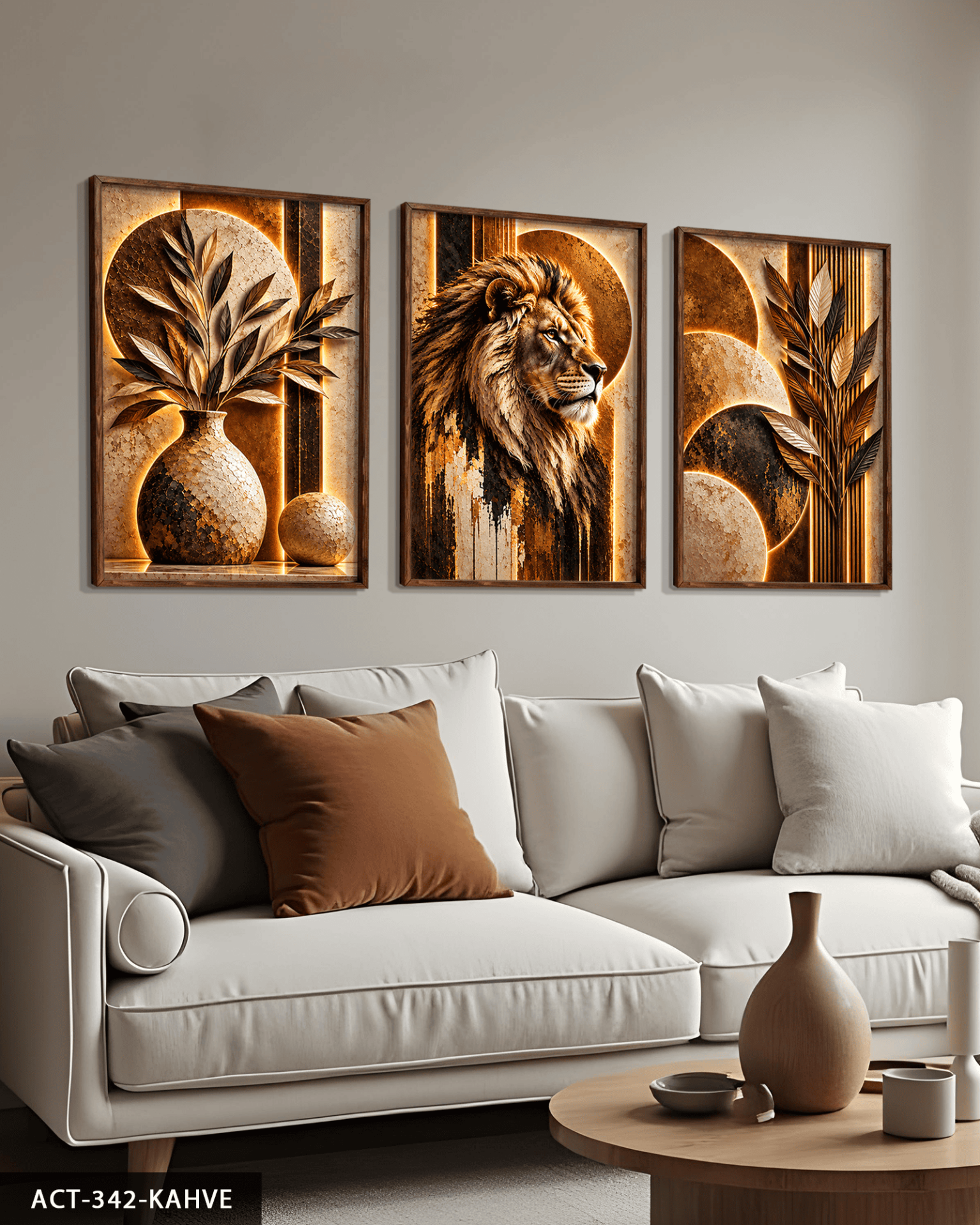 Boho Tarzda Bitki Aslan 3 Parça Ahşap Çerçeveli Tablo ACT Kahverengi - 40 x 60 CM