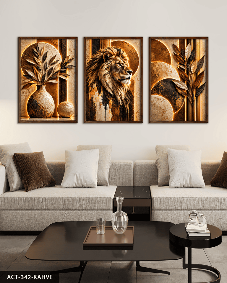 Boho Tarzda Bitki Aslan 3 Parça Ahşap Çerçeveli Tablo ACT Kahverengi - 40 x 60 CM