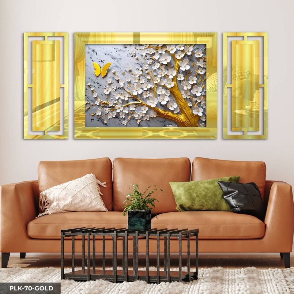 Gold Kelebek ve Beyaz Çiçekli Ağaç Yan Dekorlu 3 Parça Pleksi Tablo DKRPLK 130 x 25 CM - Gold
