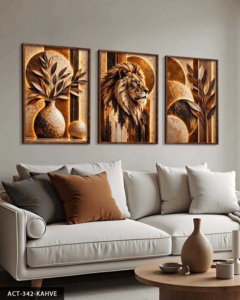 Boho Tarzda Bitki Aslan 3 Parça Ahşap Çerçeveli Tablo ACT Kahverengi - 50 x 70 CM