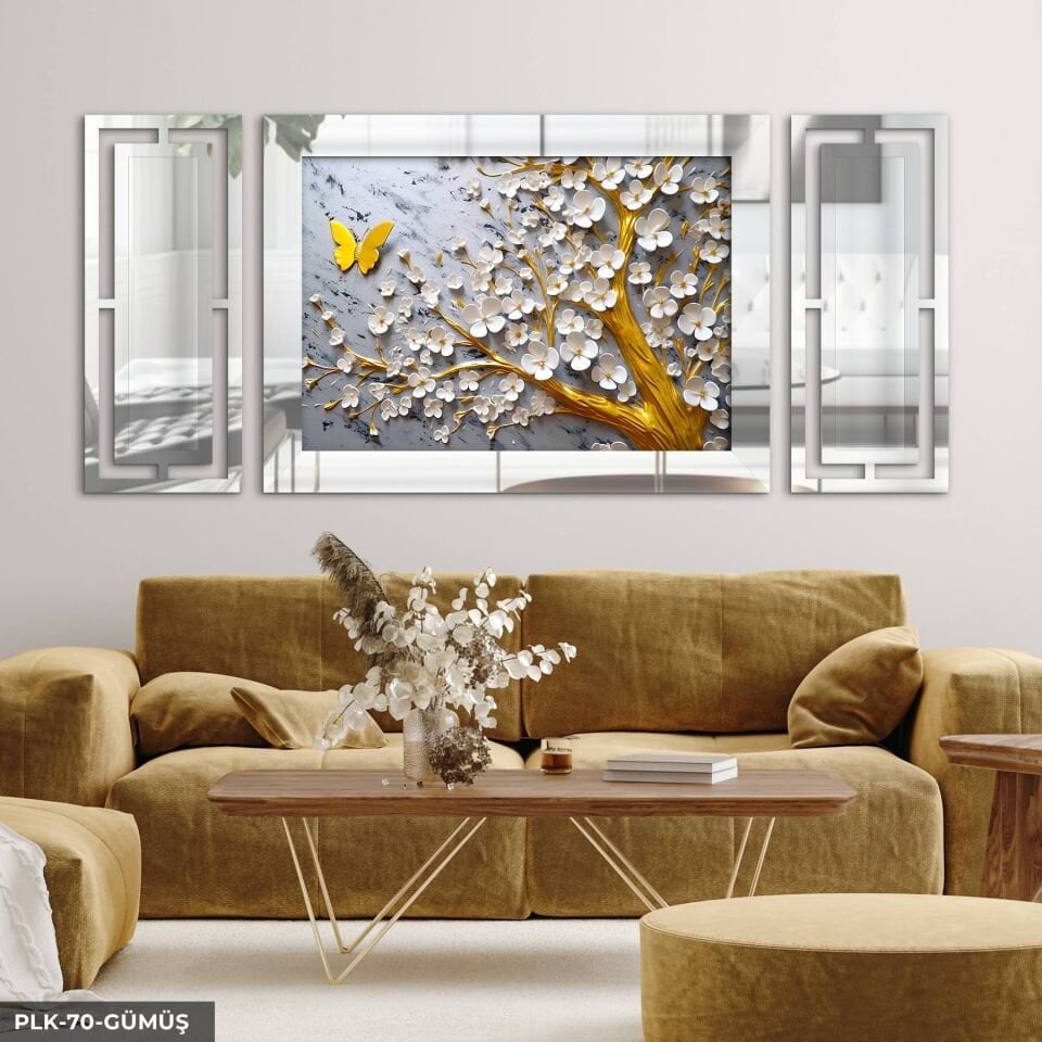 Gold Kelebek ve Beyaz Çiçekli Ağaç Yan Dekorlu 3 Parça Pleksi Tablo DKRPLK 130 x 25 CM - Gümüş
